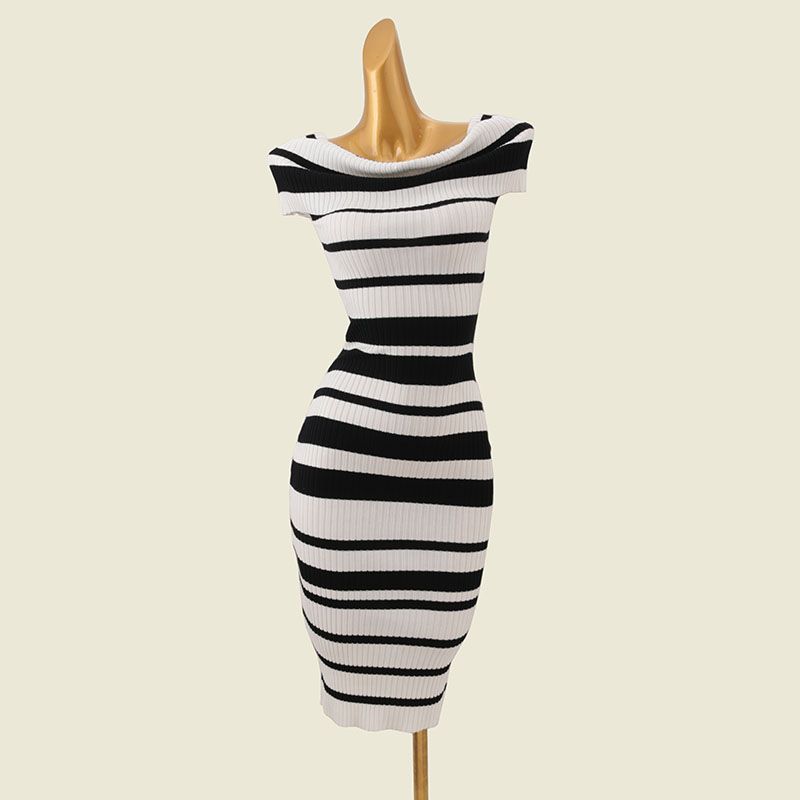 

off-Shoulder Side High Slit Sexy Hip Skirt Foreign Trade Original Order Summer off-Shoulder Sleeveless Large Lapel Slimming Dress Black White(Style II) M