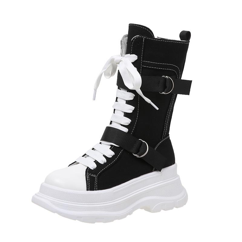 Canvas Chunky Platform Women's Boots Lace-Up Side Zipper Modern Boots Woman Thick Bottom Non-Slip Ankle Booties Bota Feminina