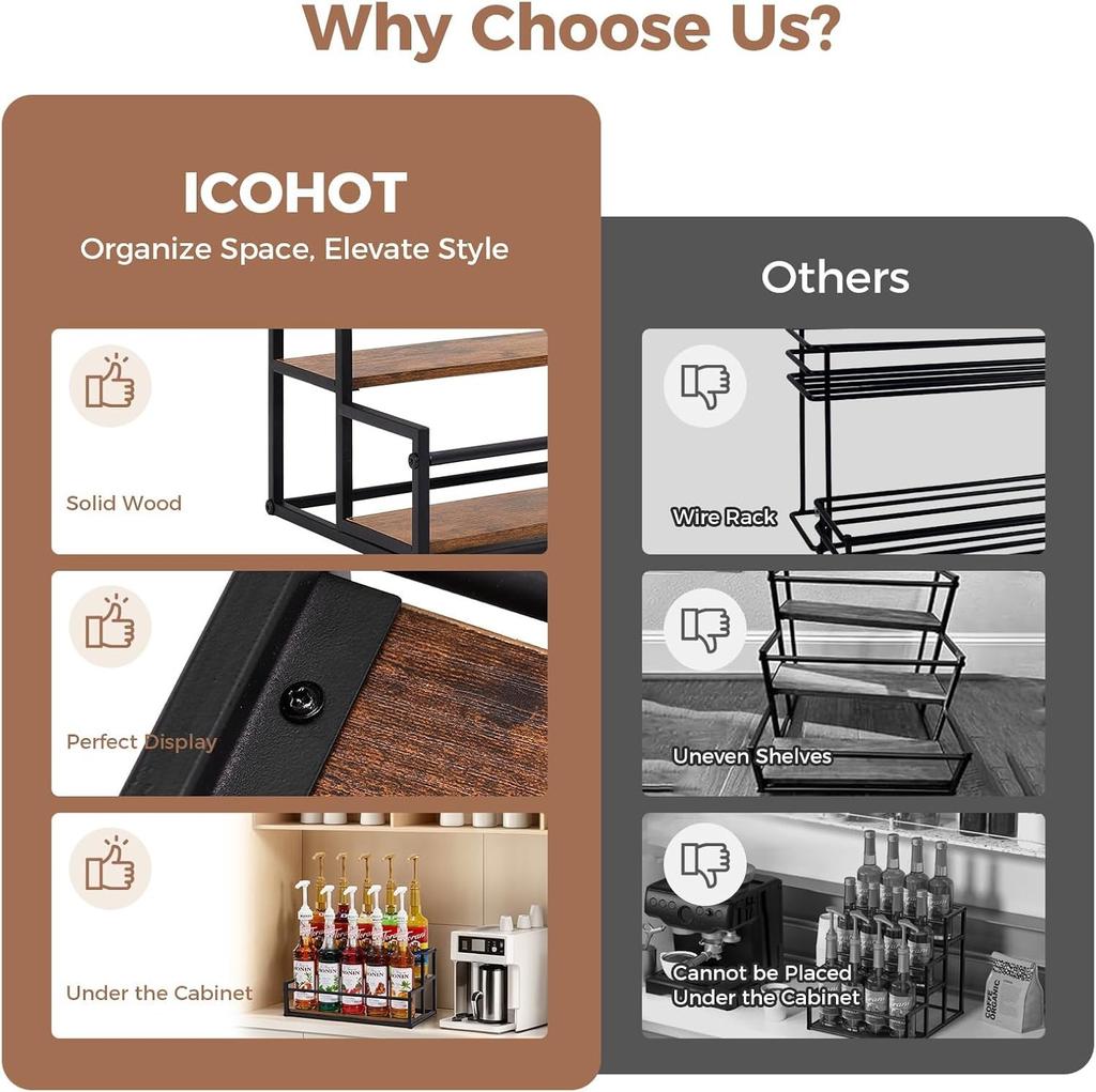 2-Tier 10 Syrup Bottles Rack for Coffee Bar Liquor Bottle Display Shelf Holder Bar Shelf Coffee Syrup Organizer Countertop Rack