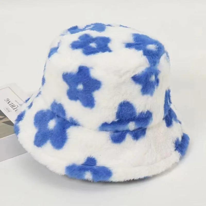 Freizeit Plüsch Niedliche Bucket Caps mit Kleinen Druckblumen,Damen Herbst Winter Sterne Warm Fischerhut Dickes Faux Fur Skullies Mützen
