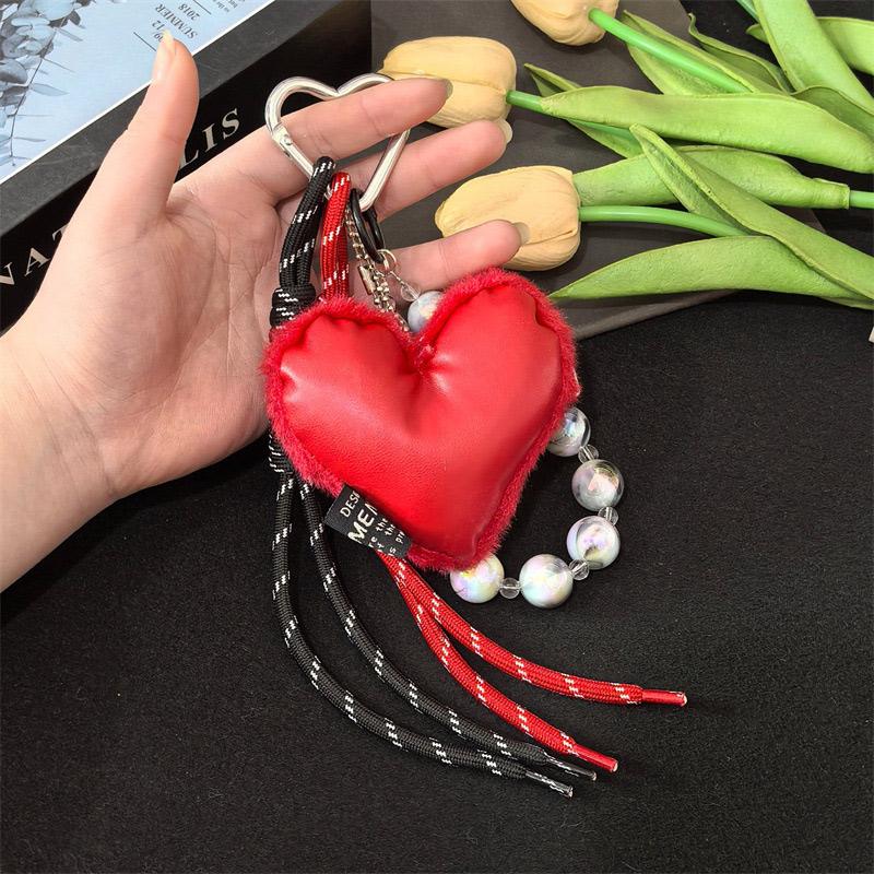Brand Plush Heart Beaded Bag Pendant Brown High-end Sweet Love Letter Ins Leather Bow Pendant Korea Fashion Keychain Giftpendant