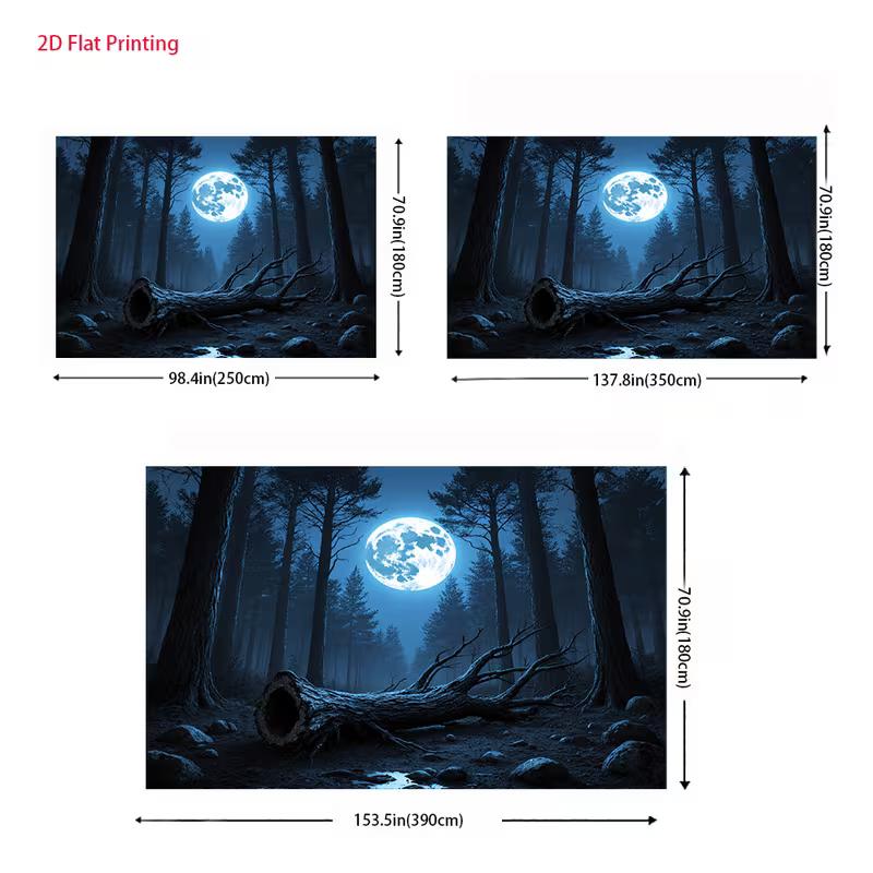 2D Full Moon Forest Banner, Dark Blue Night Woods with Fallen Tree