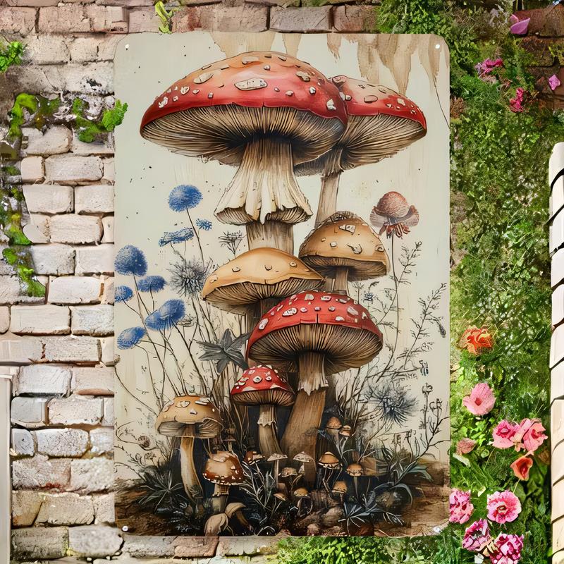 Tin Sign Vintage Mushroom Wall Art Set of  Retro Forest Fungi Illustration Poster for Garden Patio Shed Kitchen Bar Rustic Me