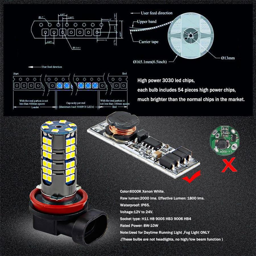 2pc H11/H8/H9 White High Power LED H11 Low Beam Headlight +2pc H11 H8 Fog Light Bulbs Conversion Kit
