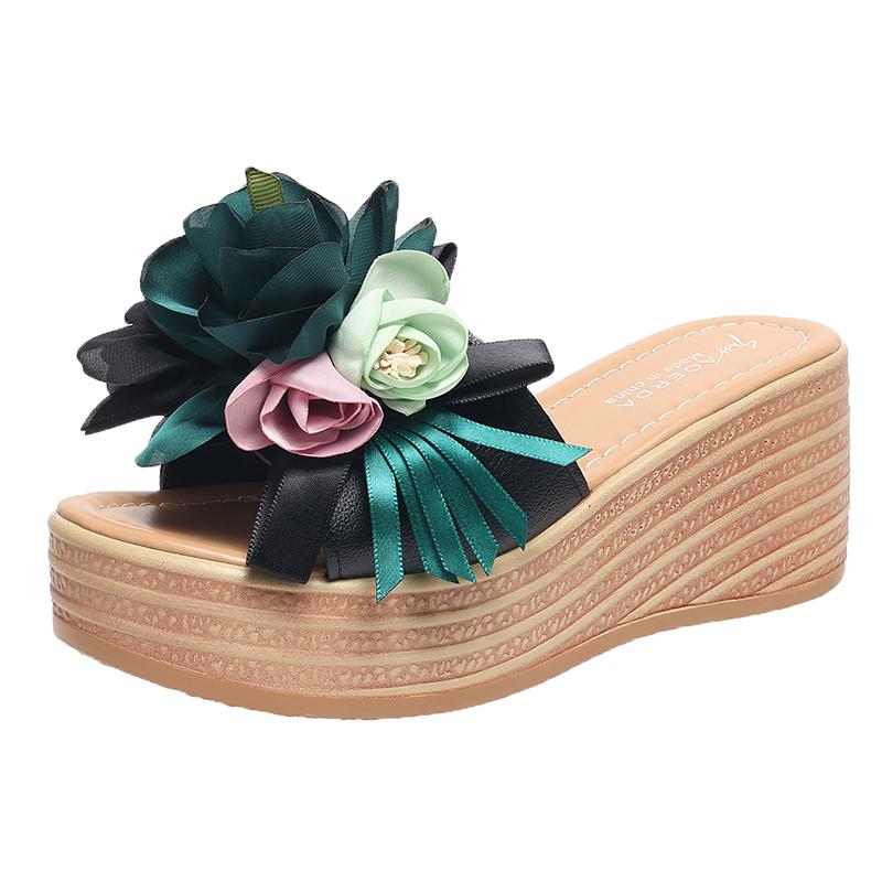 Mode Aphixta Rosa Blau Neue 9cm Hohe Keilabsätze Applikationen Blumen Plateau Pantoletten Damen Sommer Draußenschuhe