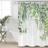Grüner Duschvorhang für Badezimmer, Eukalyptus Blatt Grünpflanzen Blätter Floral Aquarell Duschvorhang Set, Wasserdicht Polyester