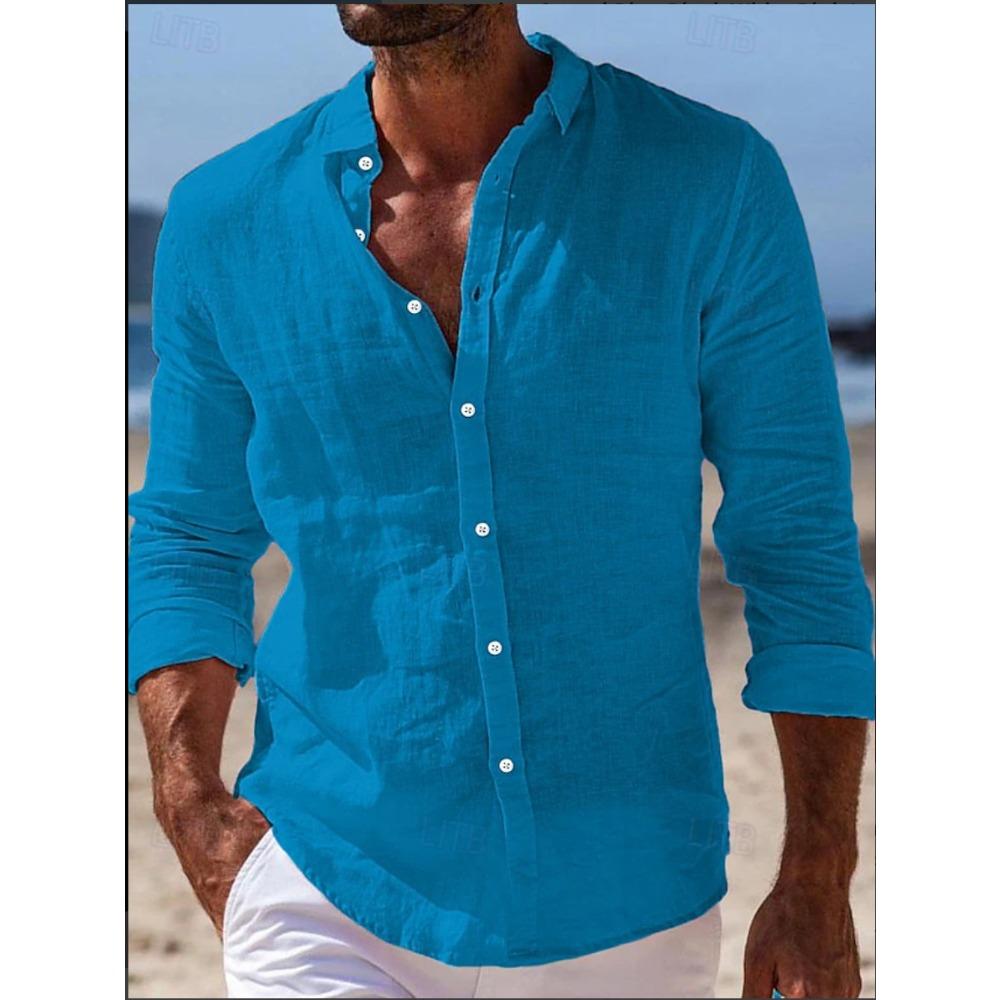 Herrenhemden Frühling/Sommerhemden Strandbekleidung Button-Down-Hemden Einfarbig Urlaubs-Casual Langarm mit Kragen
