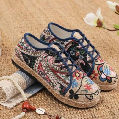 Women Shoes Round Head Cotton Linen Canvas Single National Woven Round Toe Lace Up Cloth Shoes Woman Flats Size 35-40