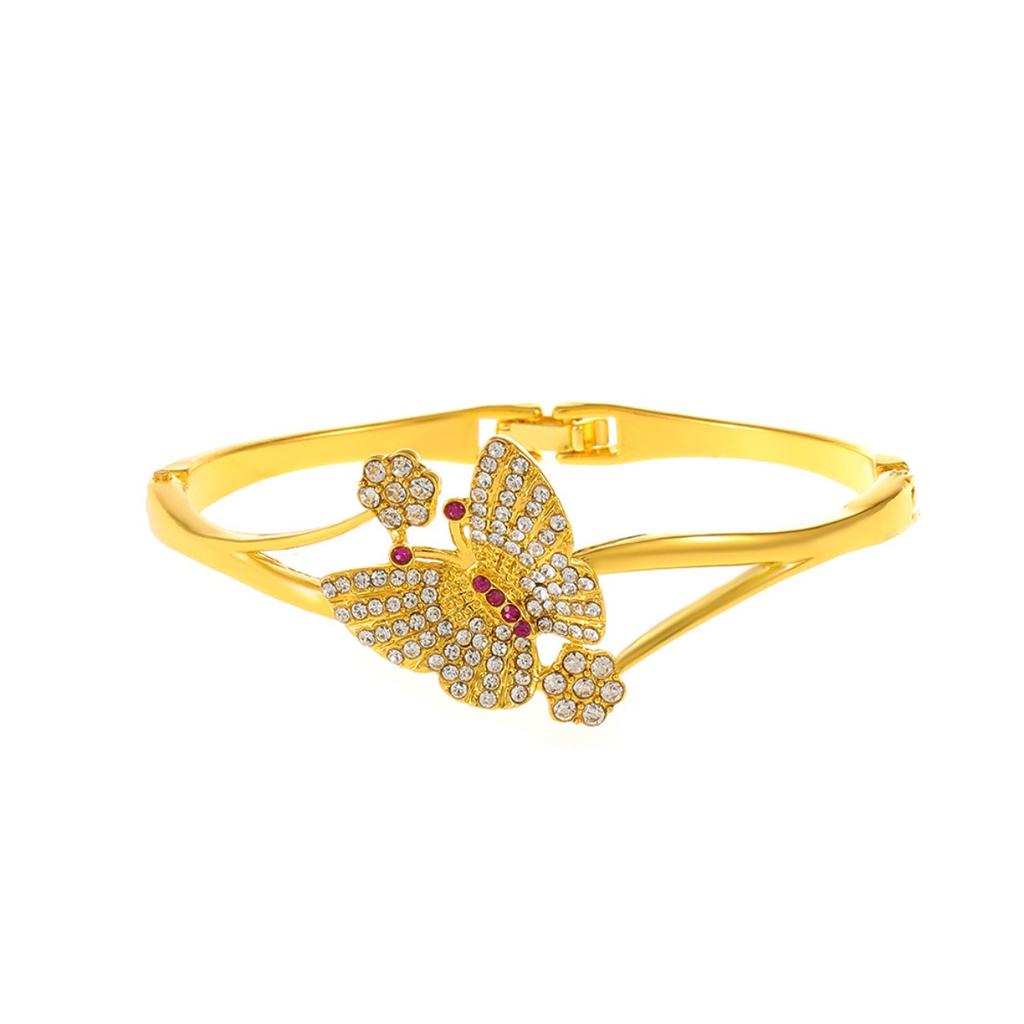 Vintage Full Paved Stone Butterfly Flower Bangle Dual Hollow Curved Band Snap Clasp Floral Insect Statement Wrist Jewelry for Women