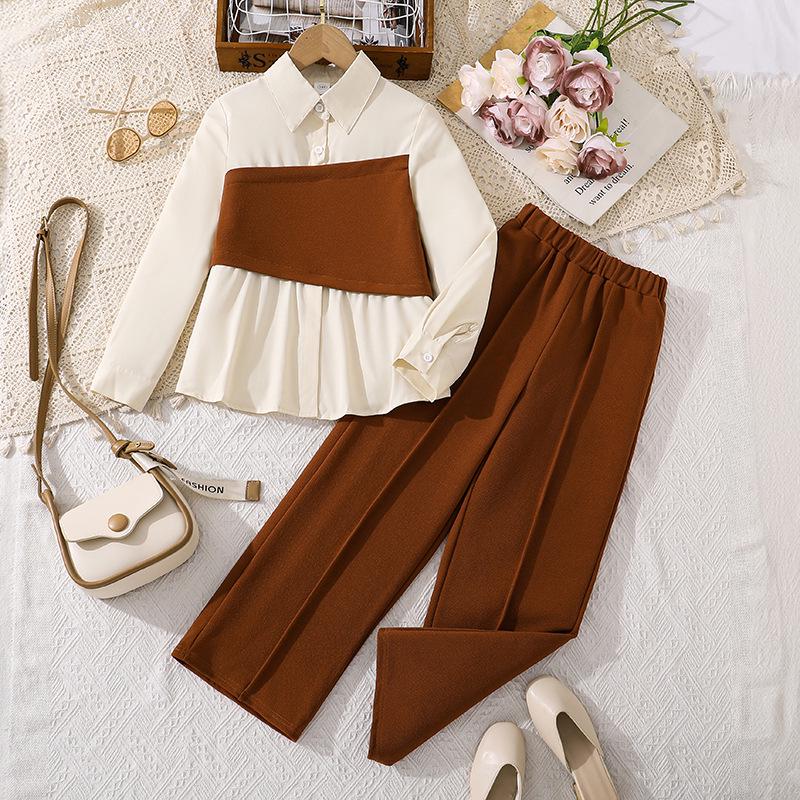 

2025 Autumn New Arrival: Girls Color Block Lapel Shirt and Wide-Leg Pants Set 160cm=11Y темно-коричневого кольору