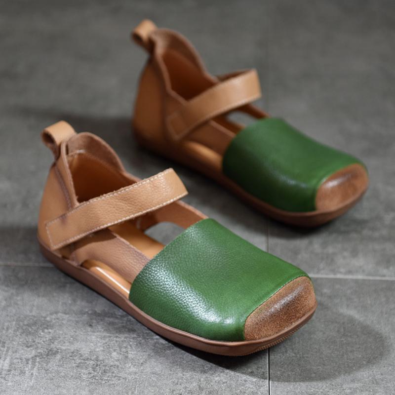 Johnature Retro Genuine Leather Sandals For Women's Mixed Colors Square Toe Soft Sole Flat Shoes