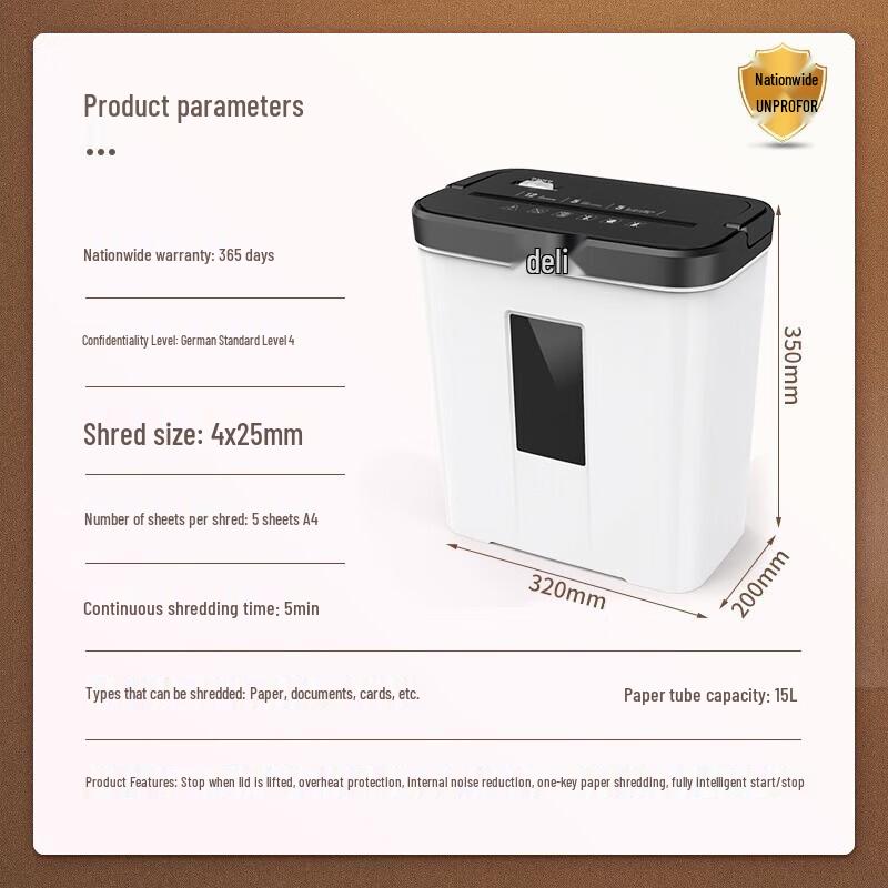 Deli 9939N Level 4 High Security Paper Shredder CN Plug (adapter Included)