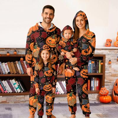 Halloween Printed Family Matching Hooded Long Sleeved Zippered Hooded Jumpsuit Set