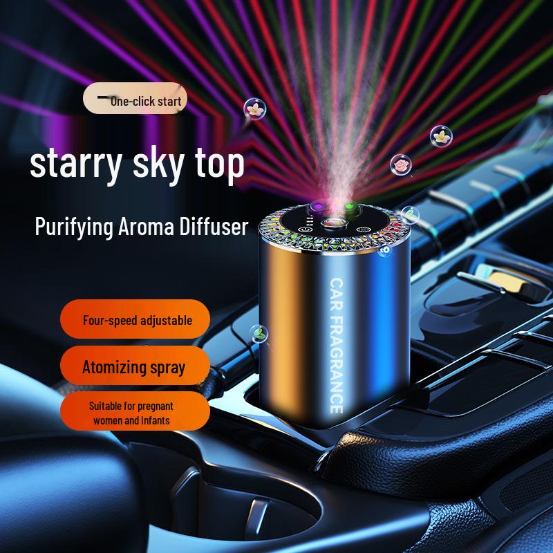 Starry Sky Automatic Car Aroma Diffuser: 3-Color Deodorizing Spray with Ambient Roof Lighting.