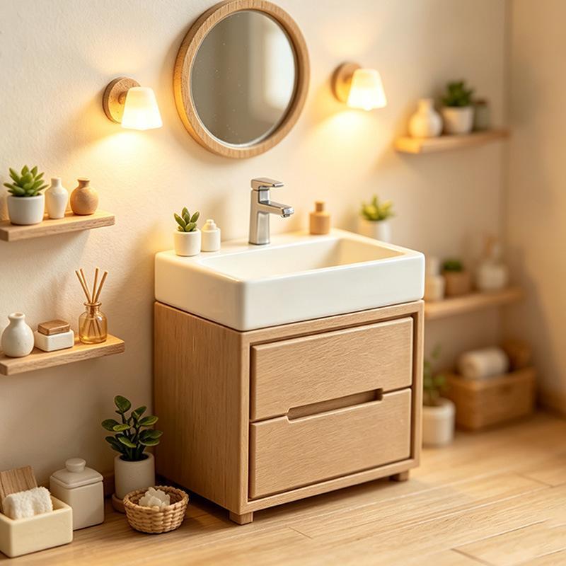 Miniature Vanity Sink Cabinet Dollhouse Furniture Modern Style Bathroom Model Ornament for Collection Display