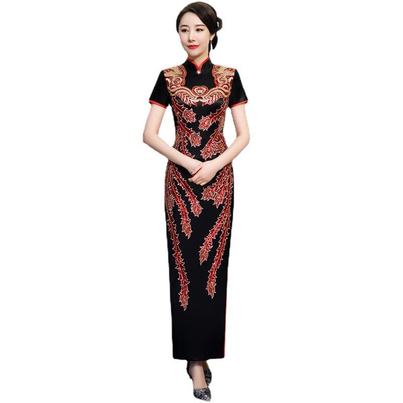 Cheongsam podyum havası zarif performans kıyafeti yeni sonbahar ince geliştirilmiş elbise kadın retro cheongsam
