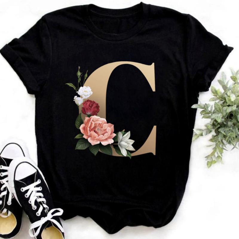 Fashion Golden 26 Letters Flower Harajuku Print Ladies T-shirt Casual Basics O-collar Black Shirt Short Sleeve Ladies T-shirts