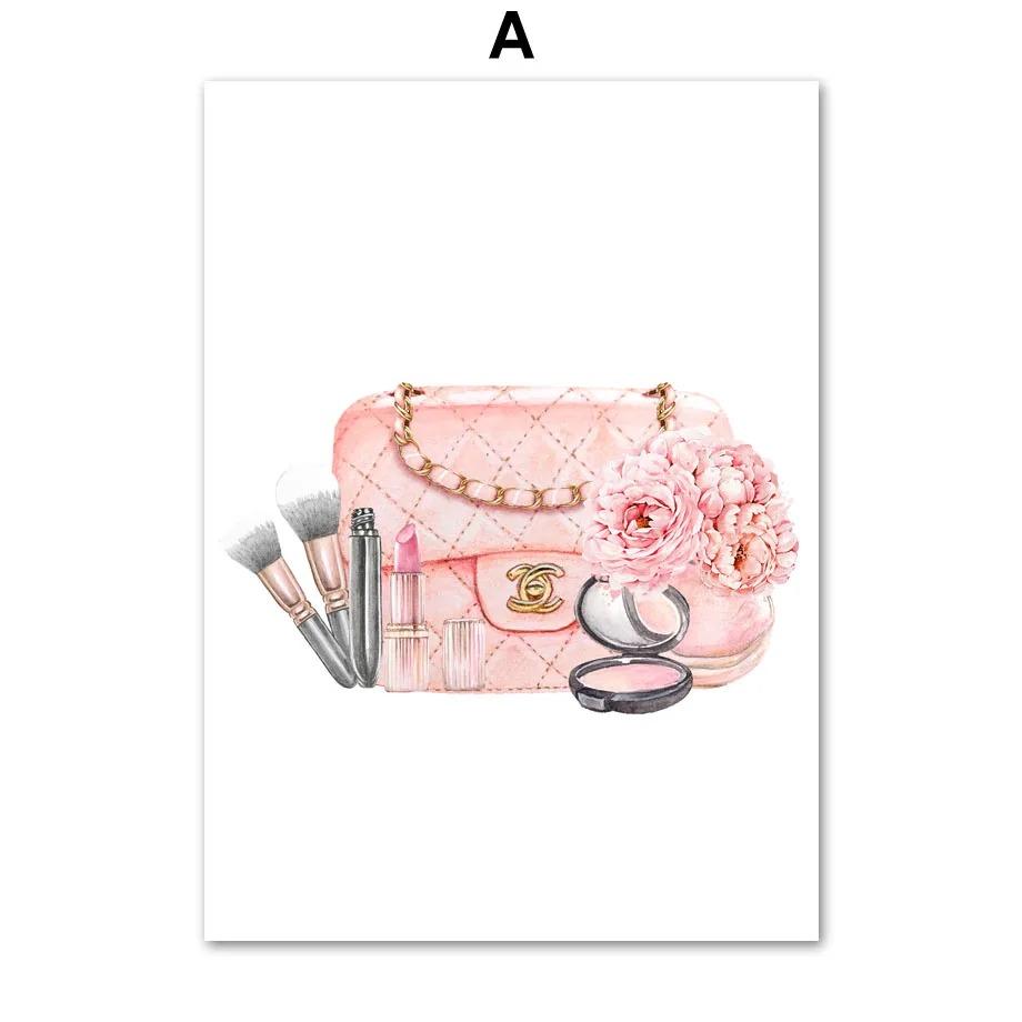 Fashion Girl Art Canvas Painting Perfume Bottle Heels Lipstick Handbag Nordic Posters And Prints Wall Pictures Room Decor