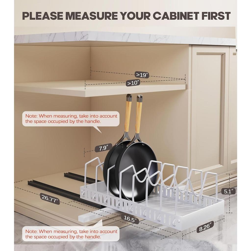Pull Out Pots and Pans Organizer Under Cabinet, Sliding Lid Holder and Pan Rack in Kitchen, Slide Out inside Cabinet Storage