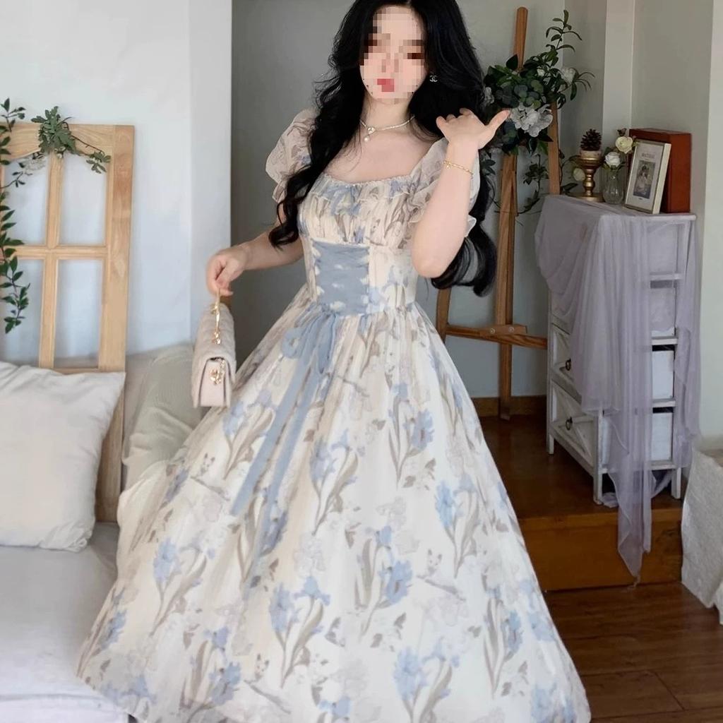 Temperament romantic printed lace-up waist square collar long dress summer waist thin