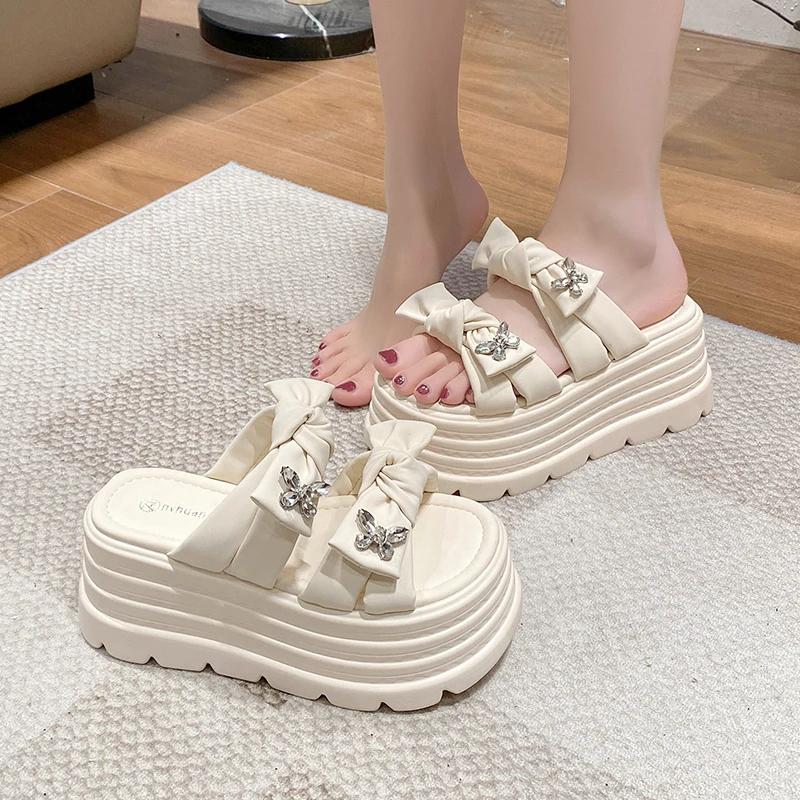 9CM Women's Chunky Slippers Summer High Platform Wedges Shoes Woman Butterfly-Knot Beach Flip Flops Thick Bottom Sandalias Mujer