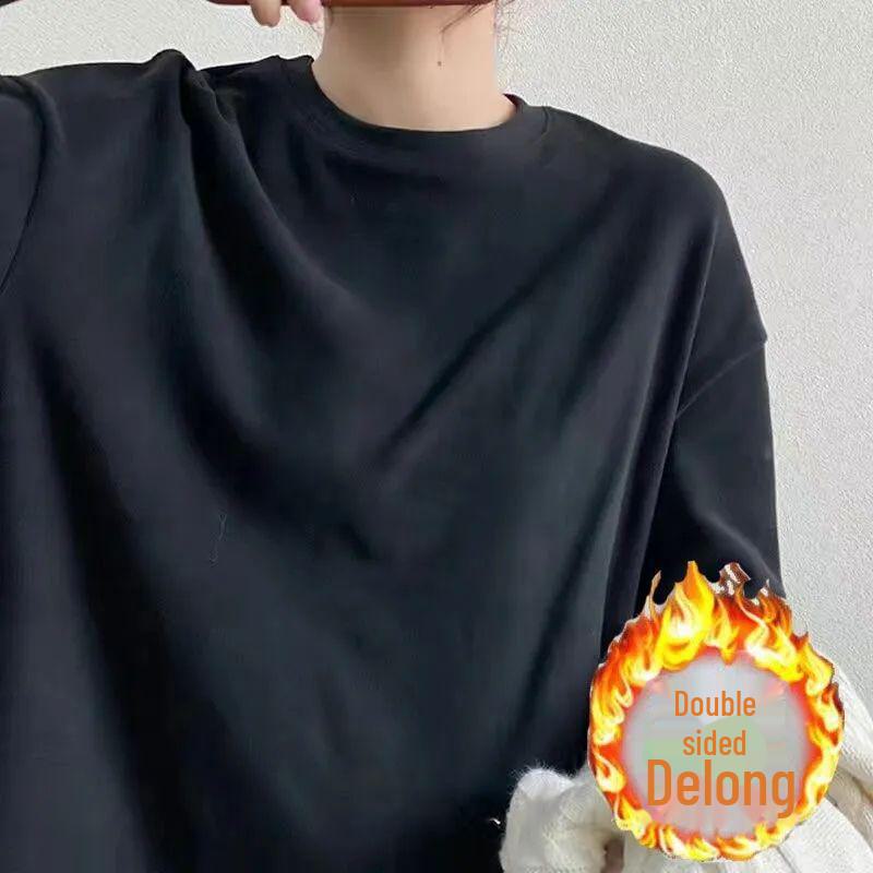 Tricou alb cald de damă din catifea dublă față-verso de lungime medie - Gât rotund, croială largă, interior periat pentru toamnă/iarnă