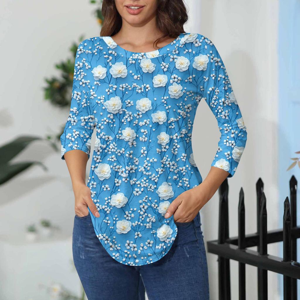 Damen-T-Shirts, 3/4-Ärmel, einfarbig, Pullover, Sommer, Frühling, Tops, Blusen