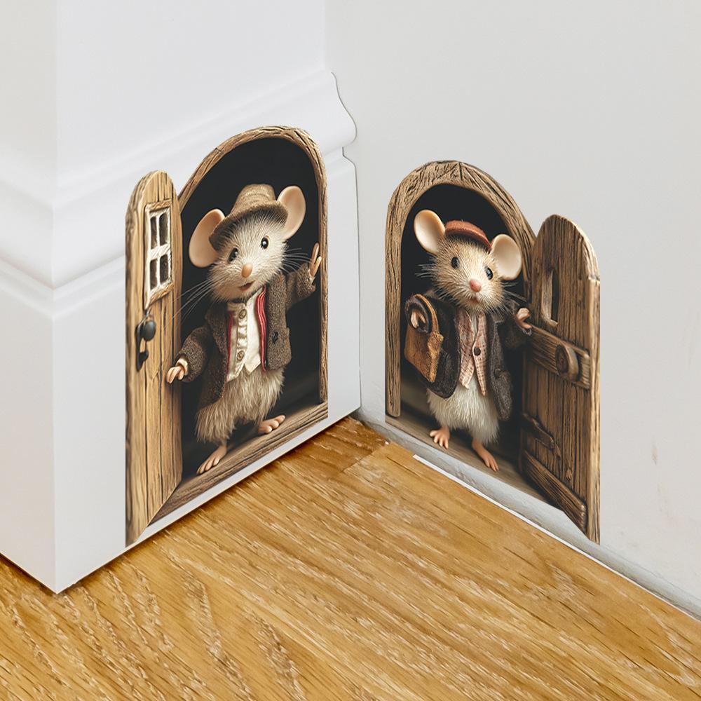 Cartoon Rat In Suit Opening Door Baseboard Sticker for Home Decor Self-Adhesive Removable Decal