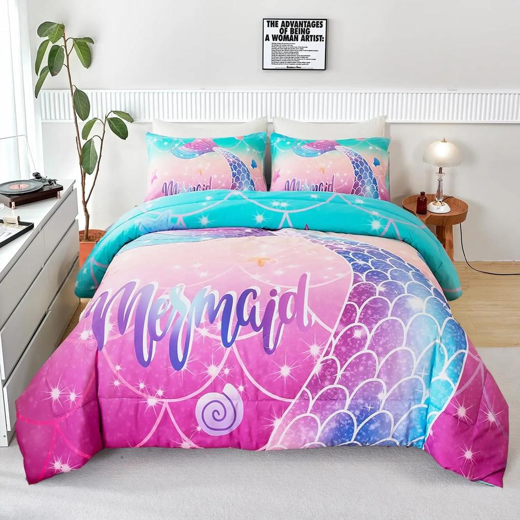 Comforter Pink Mermaid Bedding Set Comforter Twin For Kids Glow In The Dark Mermaid Bedding Sets With Decor Pillow3 Pieces Girls Bed Set