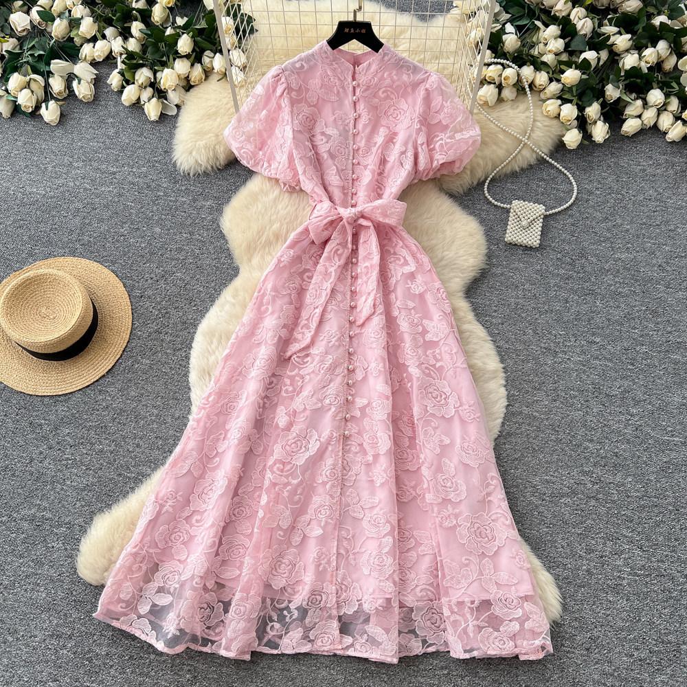 Elegant Lace Embroidered Dress Women's Summer High Waist A-shaped Skirt Commuter Temperament Long Dress Banquet Long Dress