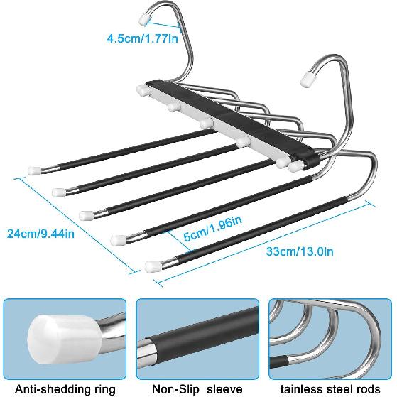2 Pack Pants Hangers Space Saving Clothes Hangers 5 Layers, Non Slip Pant Hanger for Closet Organizers and Storage, Stainless Steel Jean Hangers