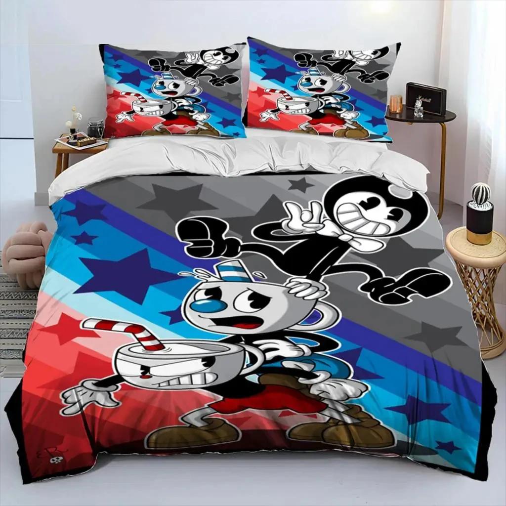 Parure de lit dessin animé Cuphead et Mugman pour garçons et filles, housse de couette double, queen size, taie d'oreiller, lit pour enfants et adultes, textile de maison