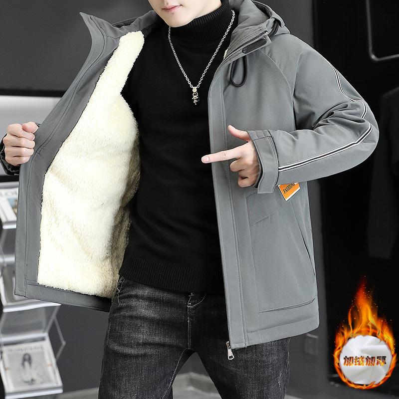 Tooling jacket men's autumn and winter fleece thickened handsome hooded jacket trendy windproof casual teen pie overcome