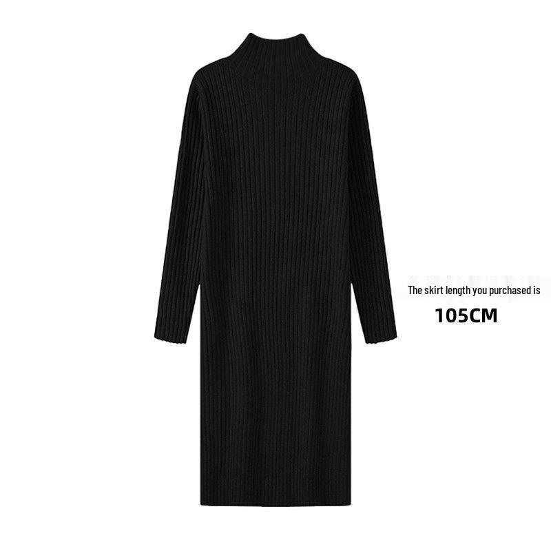 Women's Mid-Length Wool Knit Dress - Loose, Long Sleeve, Half-High Collar, Perfect for Layering Under Coats, Autumn & Winter Wear.
