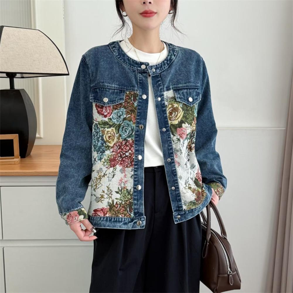 Spring Chinese Style Embroidered Casual   Denim Jacket for Women, Plus Size Long Sleeve Coat with Patchwork Design
