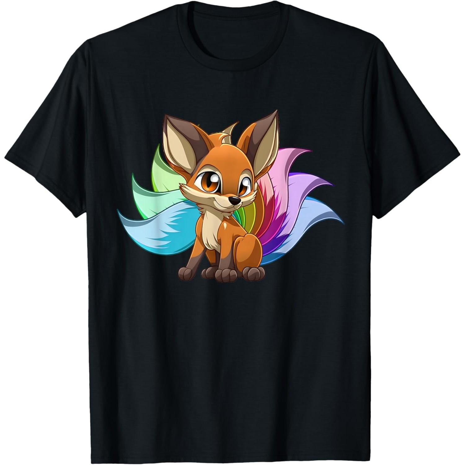Kitsune Nine Tail Kawaii Fox Graphic T-Shirt Casual Breathable Cotton Crewneck Tee S