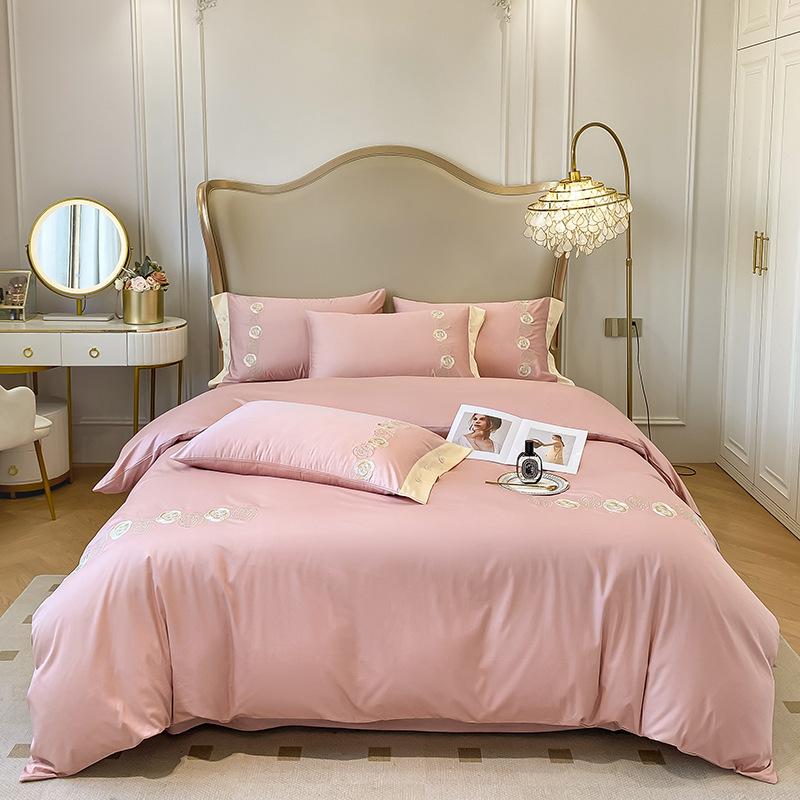 Embroidery Pure Cotton Four-piece Quilt Cover Solid Color Bed Sheet Light Luxury Style Bedding
