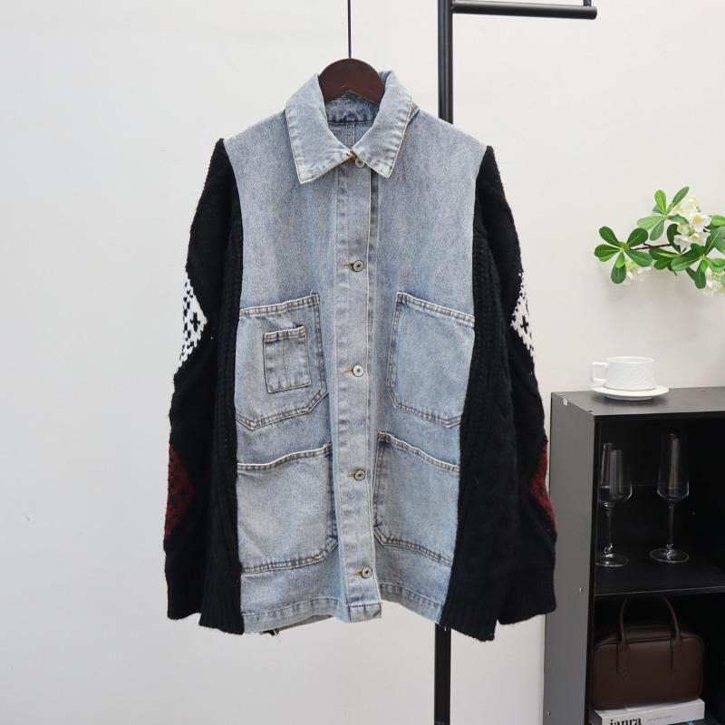 

Осень и зима новый свободный повседневный дизайн свитер куртка женский универсальный комбинированный джинсовый вязаный кардиган one size fits all чёрный