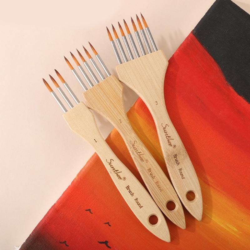 3Pcs Artist Paint Brush Set Multi Head Wood Handle Paint Brushes with Soft Nylon Bristles For Oil Watercolor Acrylic