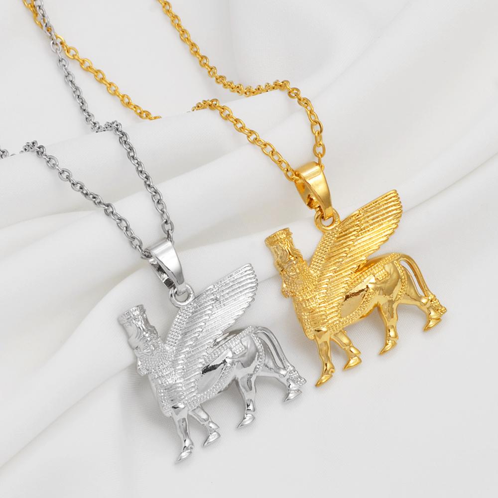 Anniyo 2.5CM Ashur Pendant Necklaces Lama,Lamma,Winged Bull Lamassu is an Assyrian Protective Deity Jewelry #343906