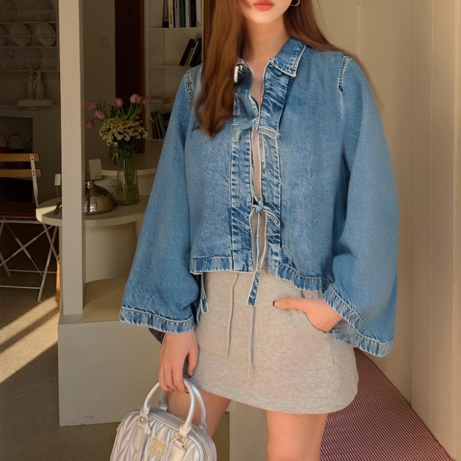 

Женская модная повседневная джинсовая куртка на шнуровке, однотонная куртка с длинным рукавом и лацканами L