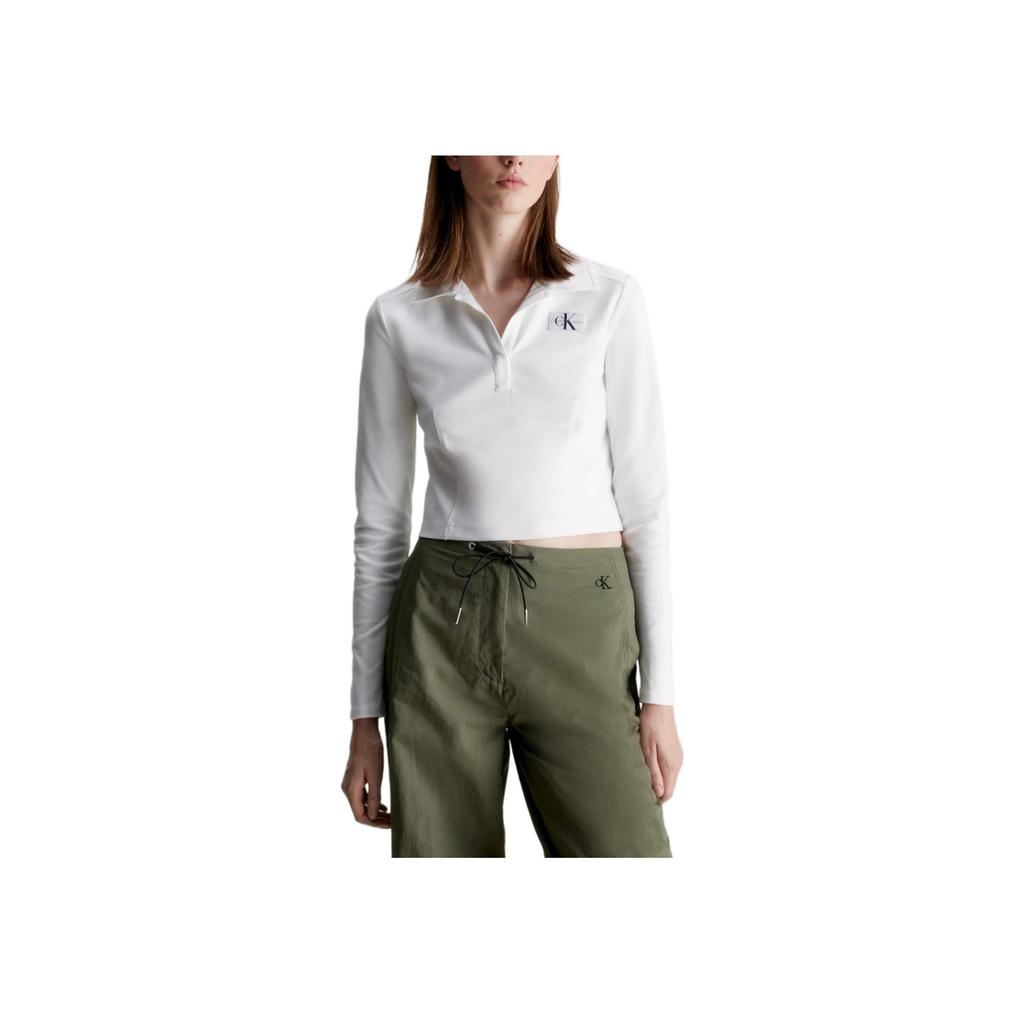 Calvin Klein Jeans Logo Badge Premium Stretch Slim Fit Long Sleeve Polo Shirt Women Tops Bright-White J20J222556-YAF