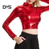 Women Club Top Half High Collar Glossy Surface Skinny Waist Exposed Solid Color Pullover Soft Breathable Lady Pole Dance Performance Party Crop Top