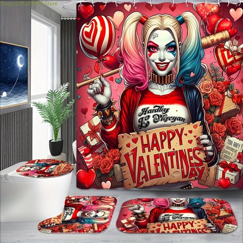 

Warner Bros. 4pcs Joker & Harley Quinn Shower Curtain Set with 12 Hooks, Non-Slip Bath Mat, Toilet Lid Cover, and U-Shaped Mat 4pcs-Set