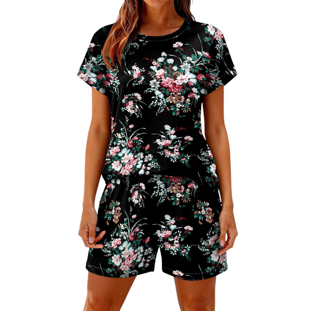 Women's Casual And Comfortable Floral-Print Short-Sleeve Set With Pockets