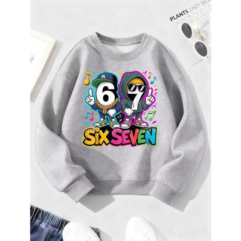 Kids Unisex Sweatshirt, Hip Hop Cartoon Number 6 7 Music Note Print Pullover, Boys Girls Long Sleeve Birthday Sweatshirt For Kids Over 4 Years Old