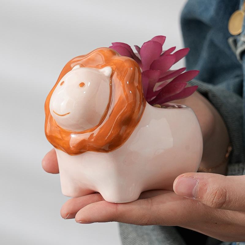 Cartoon Animal Ceramic Flower Pot Cute Lion Giraffe Plant Cactus Potted Home Garden Flower Vase Interior Desktop Decoration Gift