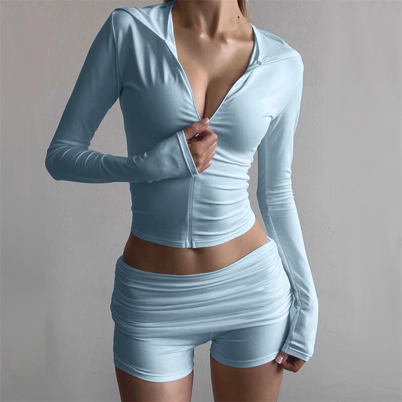 Women's European & American Style Autumn Zip-Up Hoodie & Pleated Shorts Sporty Two-Piece Set