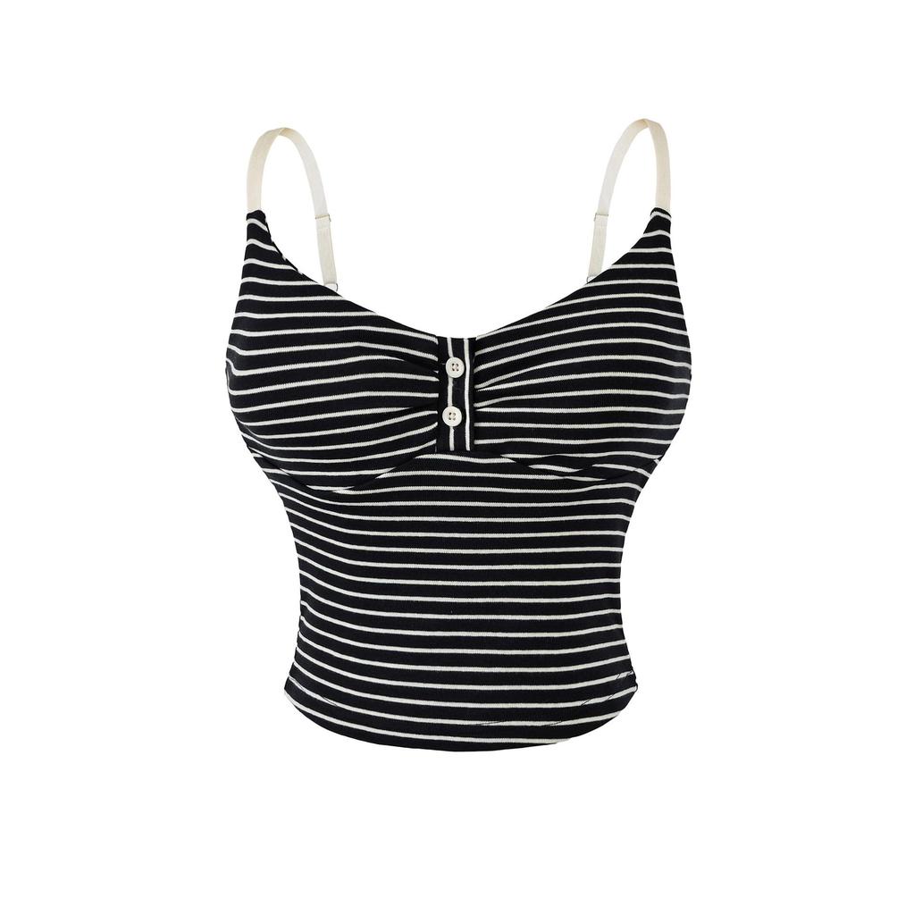 Women's Designer Slim-Fit Black Striped Camisole with Padded Bust - Chest-Enhancing Summer Knit Tank Top