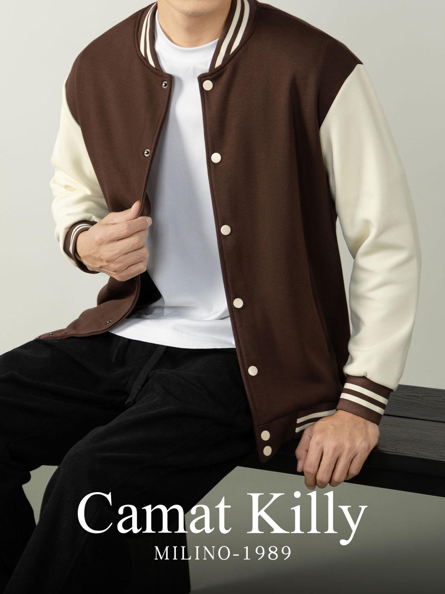 Camat Killy Men s Retro Baseball Jacket: High-End, Loose Fit, Color Block Patchwork for Spring & Autumn. S темный кофе